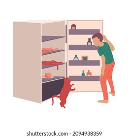 People with cats flat composition with isolated view of man opening fridge and cat vector illustration