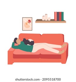 People with cats flat composition with isolated view of relaxing man lying on sofa with cat vector illustration