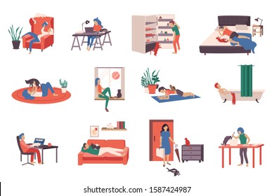 People with cats at home icons set flat isolated vector illustration