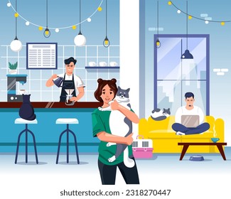 People and cats in a pet friendly Cafe. Pet owners work, drink tea, coffee with their cats in a cafe. Pets friendly concept. Vector illustration in cartoon style