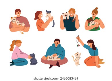 People and cats. Pet owner. Human and feline animals friendship. Flat cartoon style vector illustration isolated on white background