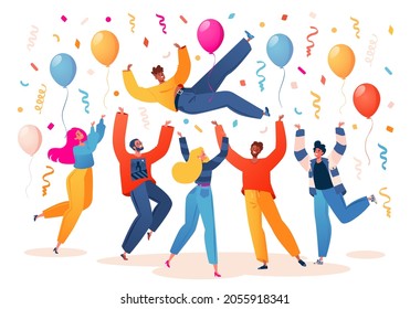 People Celebrate Achievement Of Victory. Friends Birthday Party, Congratulating And Celebrating. Flat Cartoon Style Vector Characters Of Men And Women Tossing Man In Air. 