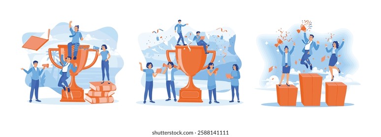 People celebrate achieving success. Business team standing with confetti and trophy. Awards for employees who excel. Successful Business Team concept. Set flat vector illustration.