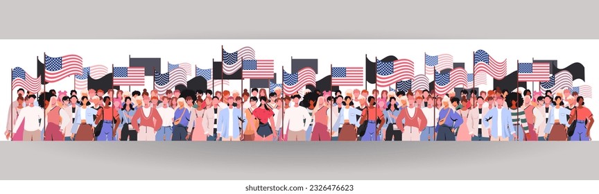 La gente celebra el Día de la Independencia de Estados Unidos el 4 de julio. La unidad de la diversidad de la gente. Grupo multiétnico de personas. Sociedad, retrato multicultural comunitario y ciudadanos. Adecuado para el desarrollo de sitios web.