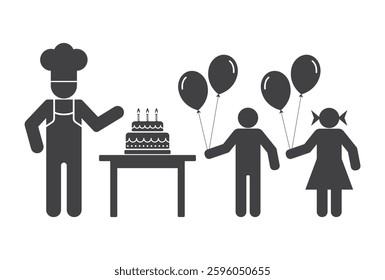 People celebrate birthday. Cooker chef near cake pie on table and children boy with girl hold air gift balloons in hand icon