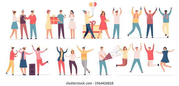 People celebrate birthday. Friend characters dance on party, sing karaoke, hold cake and gift, drink champagne. Flat celebrating vector set. Man and woman making surprise, congratulating