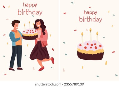People celebrate birthday. Friends bearing presents and cake. Shared joy among men and women. Concept of happiness, celebration. Friends exchange gifts. Vector illustration.