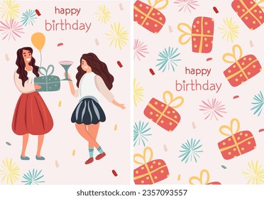 People celebrate birthday. Friends bearing presents and cake. Shared joy among. Concept of happiness, celebration. Illustration for or invitation postcard. Vector illustration.