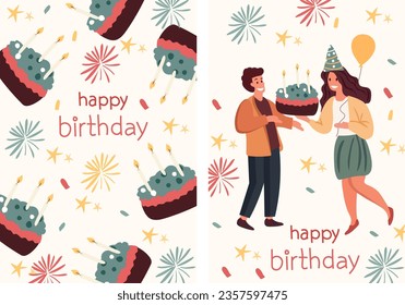 People celebrate birthday. Friends bearing presents and cake. Shared joy among men and women. Concept of happiness, celebration. Friends exchange gifts. Vector illustration. svg