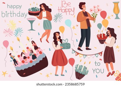 People celebrate birthday. Friends bearing presents and cake. Shared joy among men and women. Concept of happiness, celebration. Friends exchange gifts. Vector illustration. svg