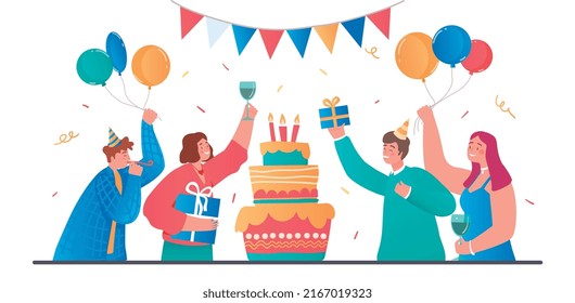 People celebrate Birthday. Friends with gifts near cake, students at party. Greeting or invitation postcard. Persons having fun together, men and women with drinks. Cartoon flat vector illustration