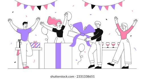 La gente celebra el concepto de la línea de cumpleaños. Hombres y mujeres con una gran caja de regalo. Fiesta y discoteca, vacaciones y festival. Amigos o colegas con presencia. Ilustración lineal vectorial