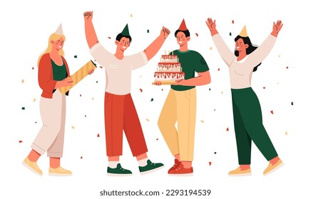 La gente celebra su cumpleaños. Hombres y mujeres con sombreros de vacaciones se enfrentan al confetti con la tarta. Elemento de diseño para invitación y tarjeta de saludo. Festividades y festivales. Dibujo vectorial plano de dibujos animados