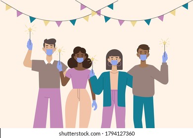 People celebrate a birthday in quarantine. Group of young people in medical masks. 
Group of young people celebrating a birthday. Happy people with protective masks celebrating.
