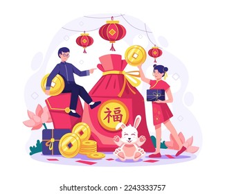 People celebrate the Chinese new year. a young man sitting in a red couplet holding a CNY coin, a young woman holding a gift. Vector illustration in flat style