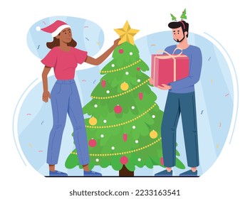 People celebrate Christmas. Man with gift box and woman in apartment decorate Christmas tree. Symbol of winter holidays and New Year. Poster or banner for website. Cartoon flat vector illustration