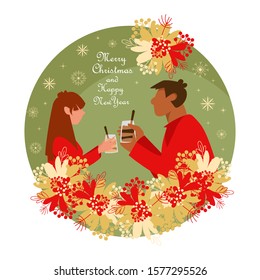 people celebrate Christmas. a man and a woman drink egg nog. vector flower image