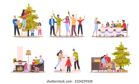 People celebrate christmas and new year set. Family on winter holiday and christmas tree. Isolated illustration in flat style