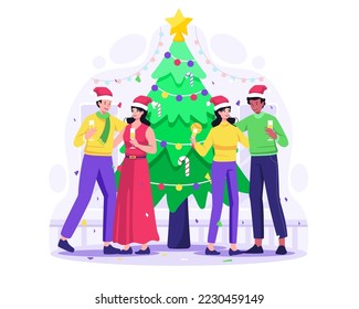 People celebrate Christmas and new year. Two Couples Man and woman with champagne near a Christmas tree. Vector illustration in flat style