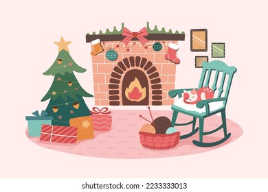 People celebrate Christmas and New Year with gifts and Christmas Decoration. Merry Christmas and Happy New Year. Vector illustration in flat style. Vector illustration in flat style