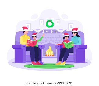 People celebrate Christmas and New Year with gifts and Christmas Decoration. Merry Christmas and Happy New Year. Vector illustration in flat style. Vector illustration in flat style