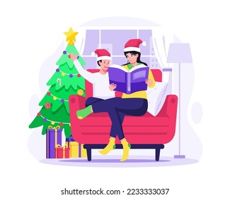 People celebrate Christmas and New Year with gifts and Christmas Decoration. Merry Christmas and Happy New Year. Vector illustration in flat style. Vector illustration in flat style