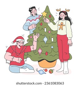 People celebrate christmas and new year. Cheerful family members or friends decorating big christmas tree on winter holiday. Festive tradition. Flat vector illustration