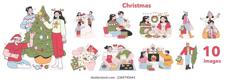 People celebrate christmas and new year set. Cheerful family members or friends spending time together on winter holidays. Festive traditions. Flat vector illustration