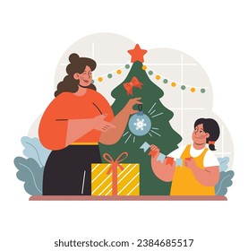 People celebrate christmas and new year. Cheerful family members, mom and little daughter decorating big christmas tree on winter holiday. Festive tradition. Flat vector illustration