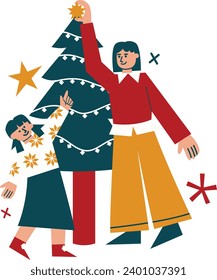 People Celebrate Christmas Together Flat Illustration