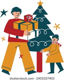 People Celebrate Christmas Together Flat Illustration