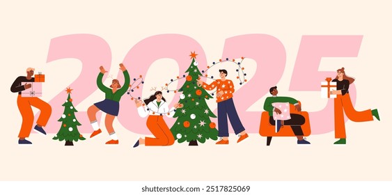 People celebrate Christmas vector flat illustration. Friends dancing in New Year 2025 party. Winter holidays banner