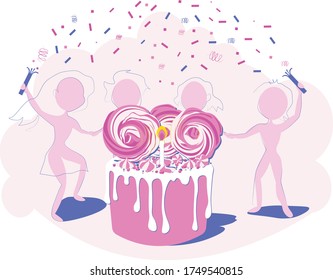 People celebrate and dance with confetti around the cake