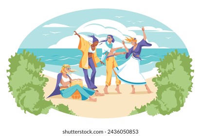 La gente celebra y baila en la playa. Una fiesta en el ambiente del verano. Costa oceánica tropical. Estado de ánimo festivo. Ilustración plana del vector