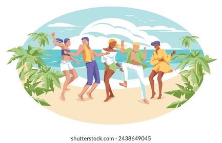 People celebrate and dance on the beach. A party in the atmosphere of summer. Tropical ocean shore. Holiday mood. Vector flat illustration