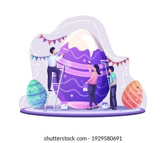 People celebrate Easter Day by decorating and painting a giant easter eggs. Vector illustration