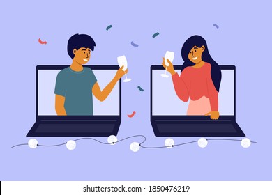 People celebrate event remotely. Meeting friends on virtual party. Online dating, birthday, christmas, new year. Man and woman make video call by laptop, talk, drink wine. Digital vector illustration