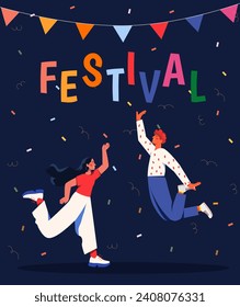 People celebrate festival. Man and woman with colorful confetti and sparkles. Night party and disco, event. Young couple having fun together and dancing. Cartoon flat vector illustration