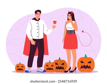 Las Personas celebran Halloween. Hombre y mujer disfrazados con una copa de vino y calabazas celebran la fiesta internacional del miedo y el horror. Drácula y demonio. Ilustración vectorial plana