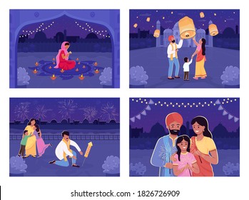 People Celebrate Hindu Holiday Flat Color Vector Illustration Set. Traditional Festival With Lanterns. Indian Relatives 2D Cartoon Characters With Nighttime Cityscape On Background Collection