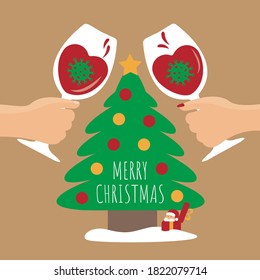 people celebrate holiday with santa claus vector flat design & decorated tree isolated cartoon. heppy merry christmas & two red wine glass with corona or covid-19 illustration. caution or warning time