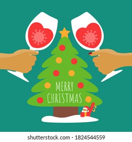 people celebrate holiday with santa claus vector flat design & decorated tree isolated cartoon. heppy merry christmas & two red wine glass with corona or covid-19 illustration. caution or warning time