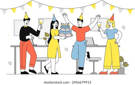 People celebrate holiday at work simple. Men with champagne and hats, women with cake. Workers and employees with party in office. Doodle flat vector illustration isolated on white background