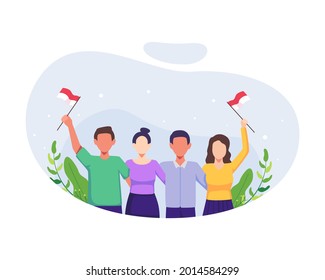 People celebrate independence day. Indonesia independence day on August 17th. People celebrate the national day of independence with holding Indonesia flag. Vector illustration in a flat style