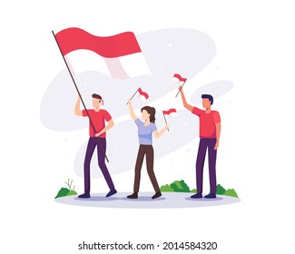 People celebrate independence day. Indonesia independence day on August 17th. People celebrate the national day of independence with holding Indonesia flag. Vector illustration in a flat style