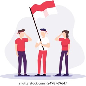 Las Personas celebran el Día de la Independencia. Día de la independencia de Indonesia el 17 de agosto. Las Personas celebran el día nacional de la independencia con la bandera de Indonesia. Ilustración vectorial en un estilo plano