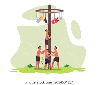 People celebrate Indonesia independence day. Indonesia traditional games during independence day. Participants teams working together to climb to get a prize on top of a pole. Vector in a flat style