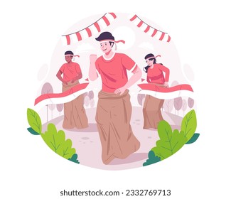 People celebrate Indonesia Independence Day by participating in Sack Race Competition or Lomba Balap Karung on the 17th of August. Indonesian Independence Day concept illustration