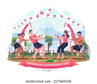 People celebrate Indonesian Independence Day by participating in Tug of war or Tarik Tambang game competition. Vector illustration in flat style