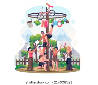 People celebrate Indonesian Independence Day by Panjat pinang or pole climbing traditional game competition. Vector illustration in flat style